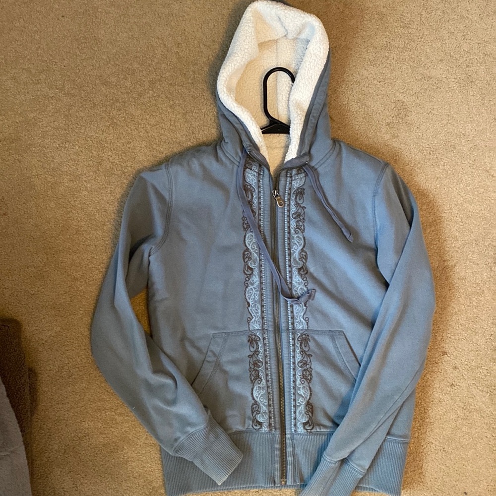Comfy Blue and Brown Zip Up Hoodie with Sherpa Inside!